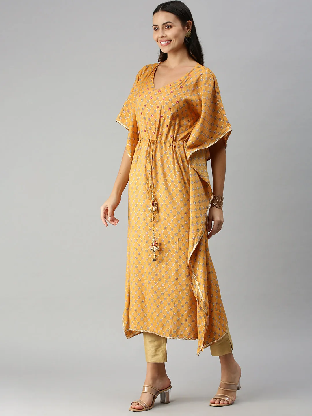 Women's MustardMulti Floral Kaftan Kurta